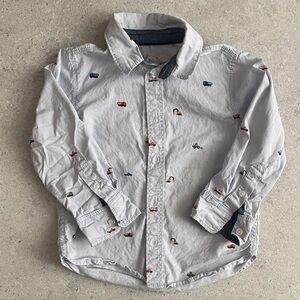 White Button-Up Shirt with Car Print